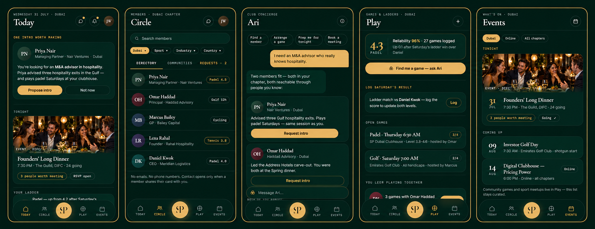 SportyPreneurs app preview showing member connections, Ari, games, and events